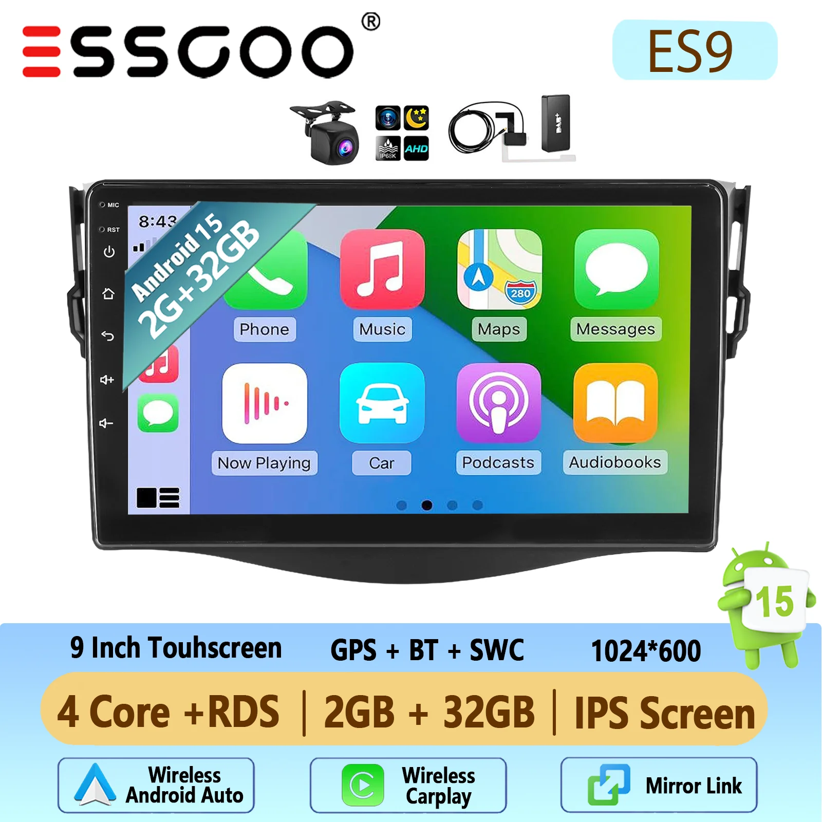 Autoradio ESSGOO Android 15 9 Inch 4+64G voor Toyota RAV4 2007-2012 Draadloze CarPlay Android Auto GPS Navigatie FM WiFi Bluetooth RDS Stuurwielbediening Mirror Link Touchscreen Hoofdeenheid