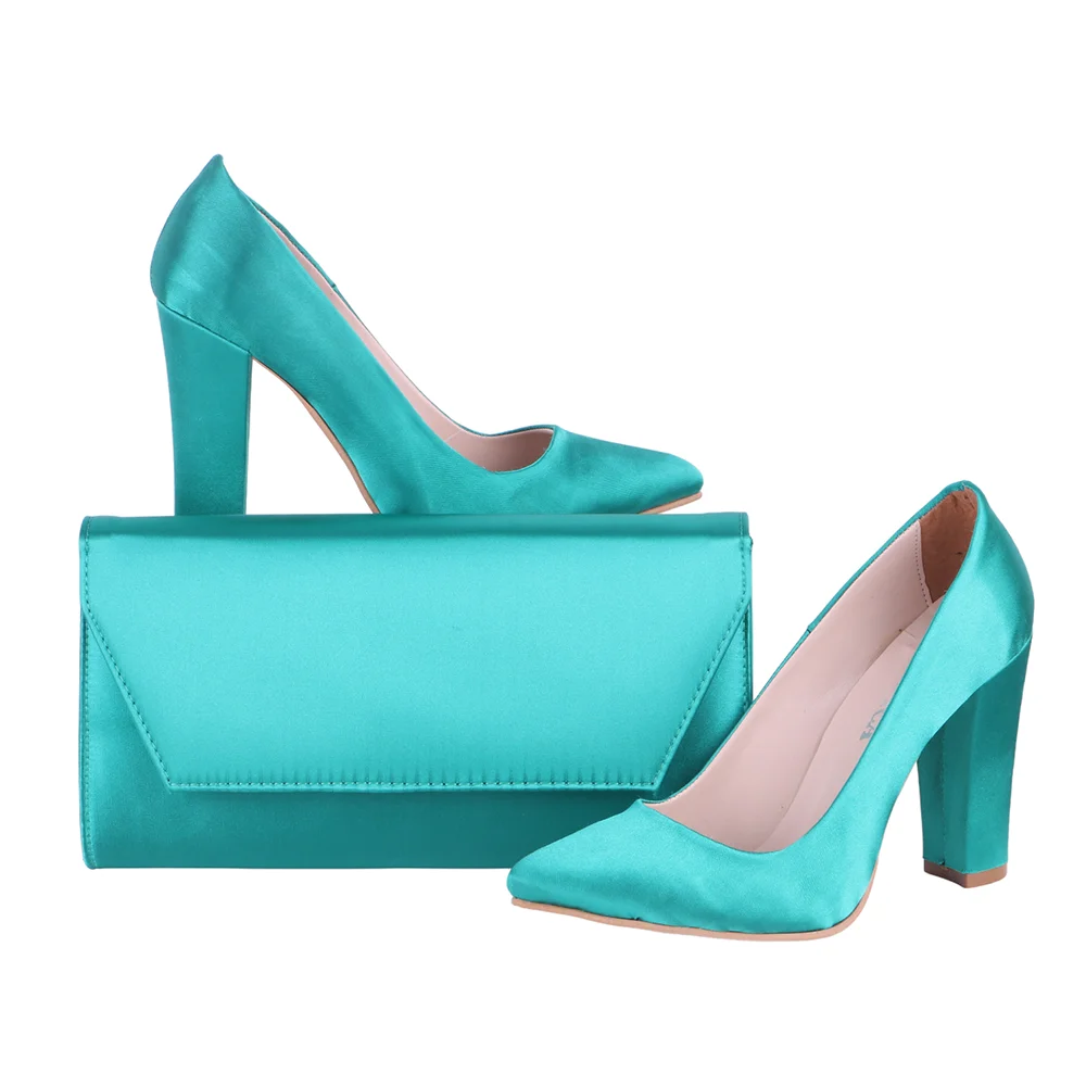 Green Satin Heels for Women Shoes and Bags to Match Set Thick Heels for Women 2023 Satin Bag for Handbags Big Size 34-45