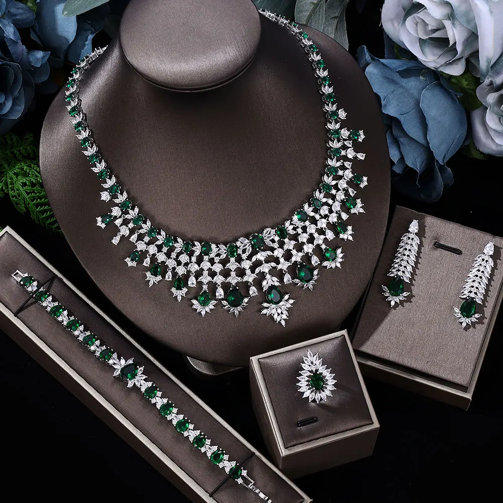 

Luxury Women's Wedding Jewelry Set Nigerian Dubai Green Cubic Zirconia 4 Pcs Bridal Necklace Earrings Bracelet Ring