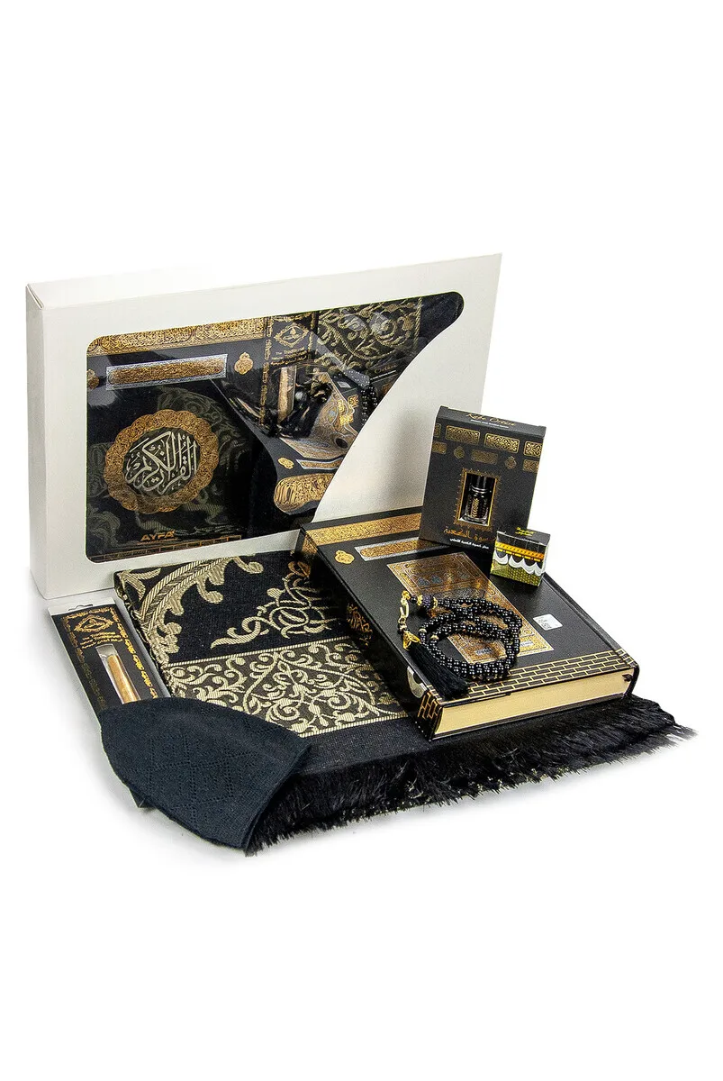 Kaaba Patterned Prayer Rug Set Religious Gift Box Scatter Holy Qoran Kuran Book Miswak Siwak Coif Nightcap