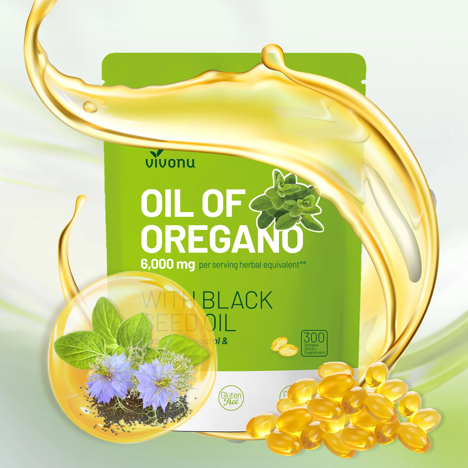VIVONU Aceite de Orégano con Aceite de Semilla Negra 300 Cápsulas | Antioxidantes Naturales | Apoyo Nutricional | Suplemento Alimenticio Botánico de Alta Eficacia para la Salud