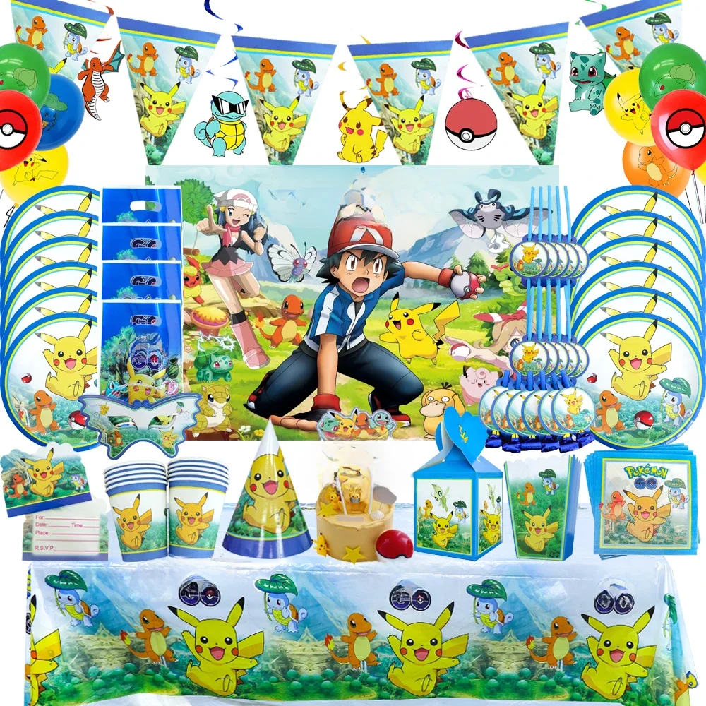 Fournitures d'anniversaire Pokemon, tasses, assiettes, serviettes, bannière pour enfants de 1 2 et 3 ans, ballons Pikachu, décorations de fête d'anniversaire pour réception-cadeau pour bébé