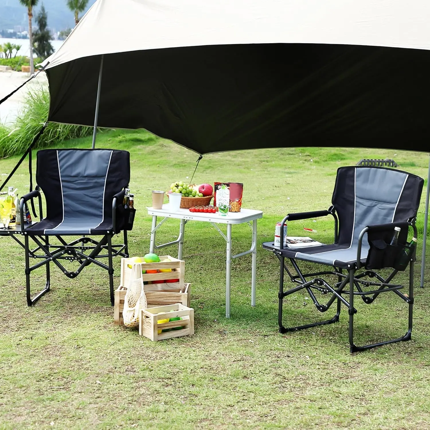 Heavy Duty Oversized Directors Camping Chairs 2 Pack for Adults – 400 lbs Capacity, Folding Portable Outdoor Chair with Side Table, Cup Holder & Pocket – Ideal for Lawn, Beach, Fishing, Picnic