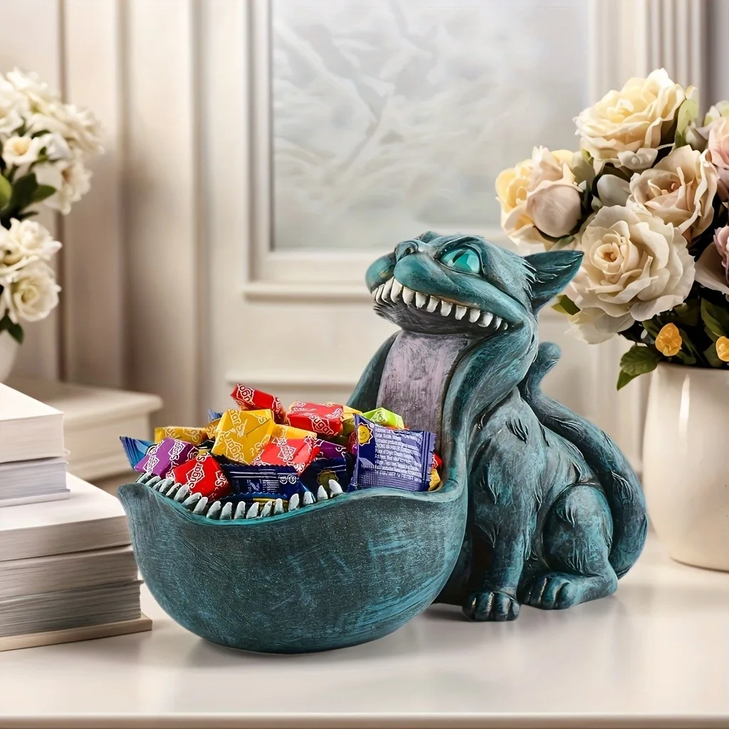 Big Mouth Cat Statue Storage Bowl Key Candy Holder Pet Bowl Halloween Xmas Chinese New Year Desktop Garden Front Desk Decor