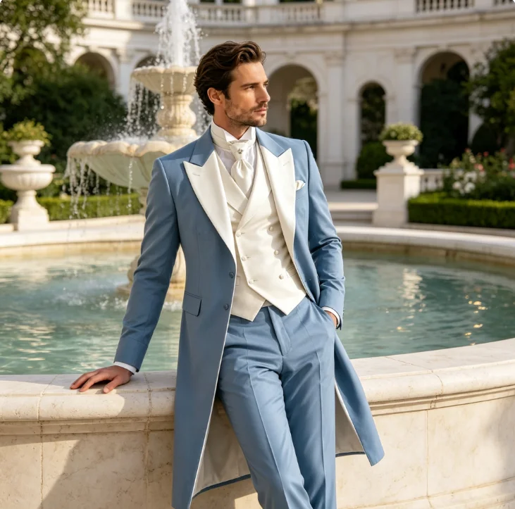 Traje de hombre para fiesta de graduación, color azul celeste y blanco, con chaqueta larga, ideal para bodas, eventos formales, para el novio, para ocasiones de negocios, conjunto de tres piezas: chaqueta, chaleco y pantalones.