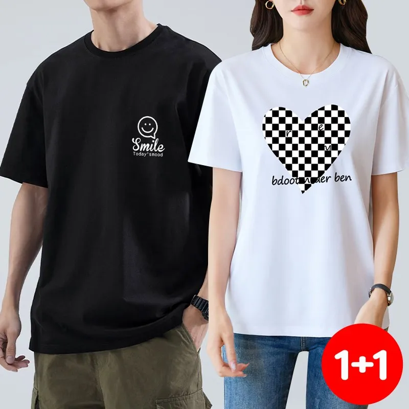 (Set of 2 sheets) heart check-in-type overfit cotton and half-sleeved T-shirt TS2560