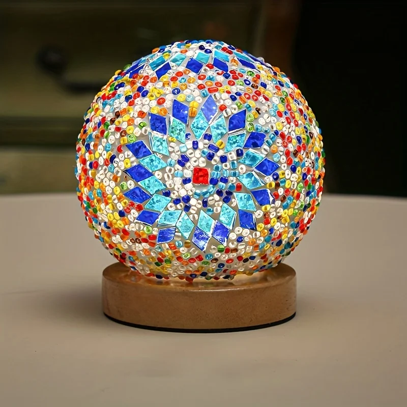 Mosaic Glass Ball Table Lamp Ball Lamp With Wooden Base Turkish Moroccan Round Small Lamp For Bedroom Living Room Home Decor