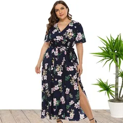 Vestido maxi estampado floral feminino com decote V manga curta, plus size, verão, transporte da gota