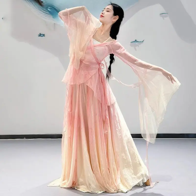 Classical dancer performance costumes chiffon practice dance clothes body long outer green pink Chinese style folk dance dress