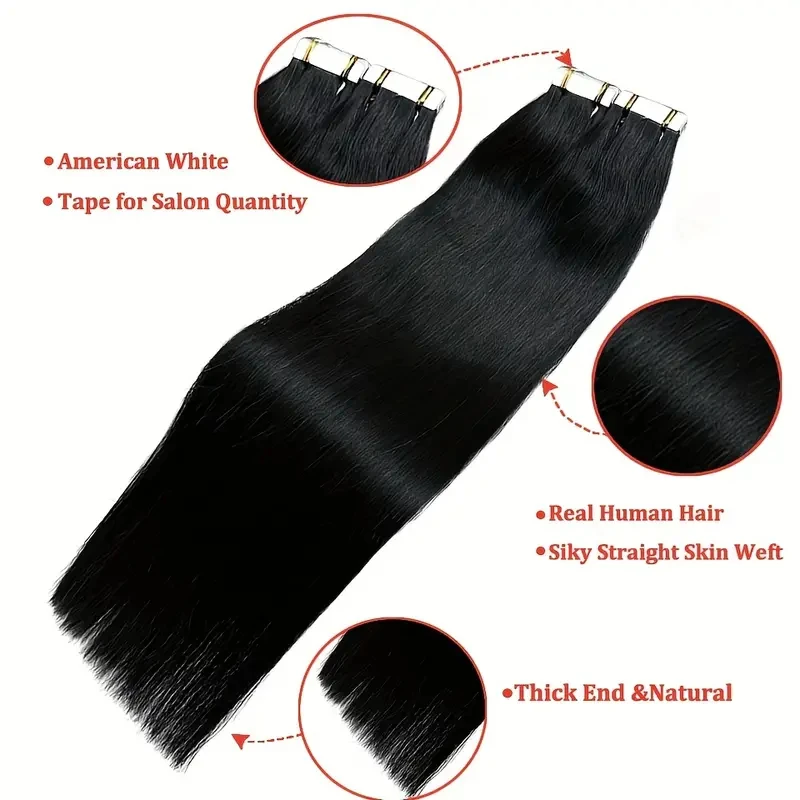 Alimice Tape In Hair Remy Straight Extensions  #1B Human Hair 50g Invisible Tape In Hair Extensions 20pcs For Women