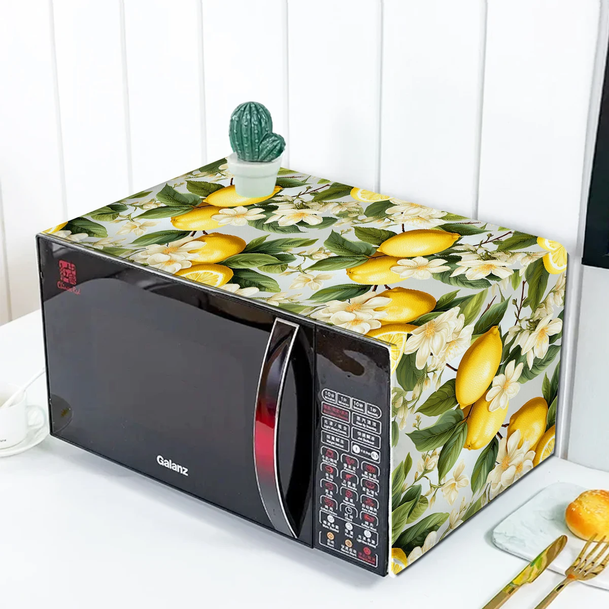 Yellow Lemons Green Leaves Design Microwave Dust Cover Printed Dustproof Microwave Dust Cover Cloth Oven Cover Nordic Style