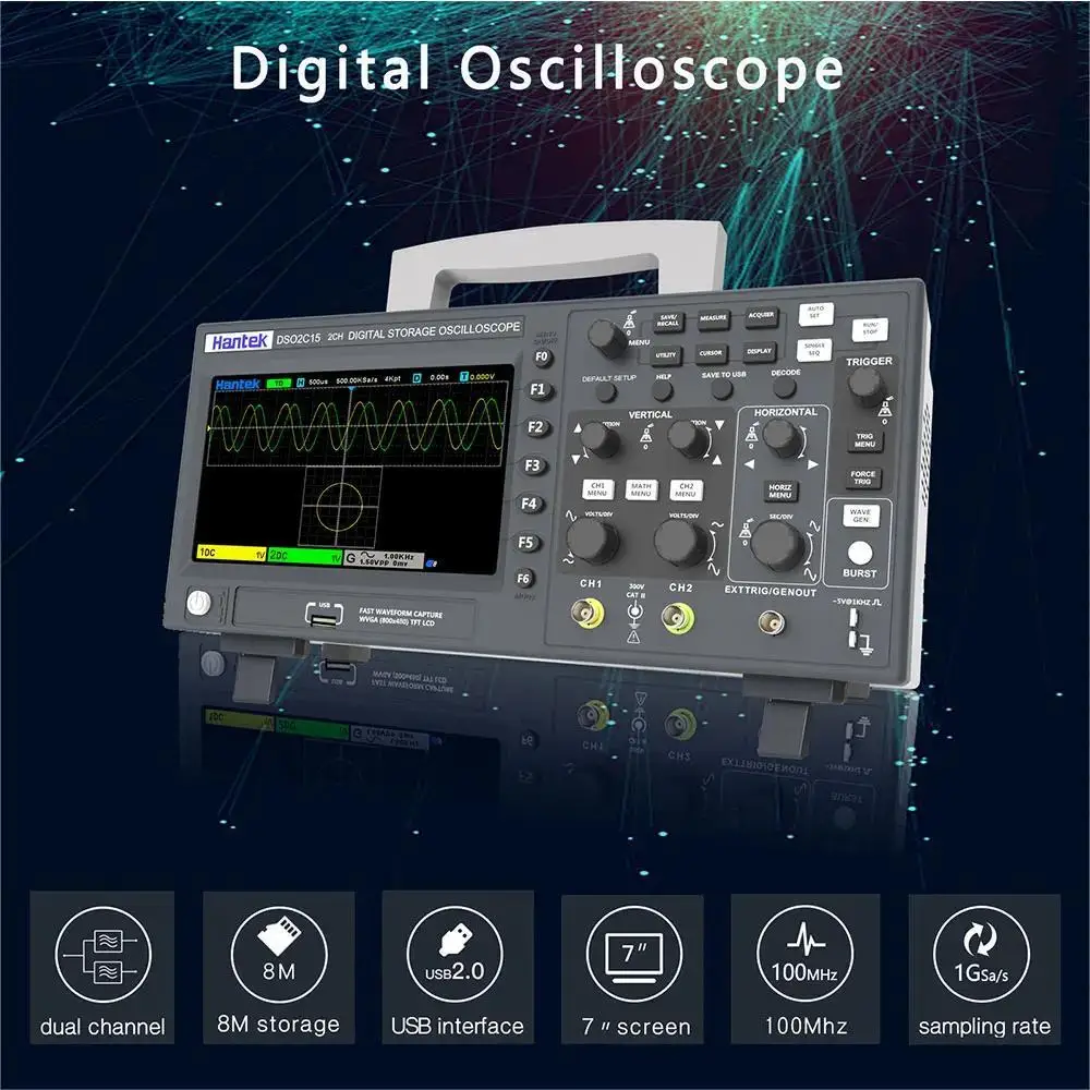 Hantek DSO2D15 Digital Oscilloscope DSO2C10 2D10 2 Channels 150MHz Osciloscópio 25MHz Signal Generator Voltmeter Frequency Meter