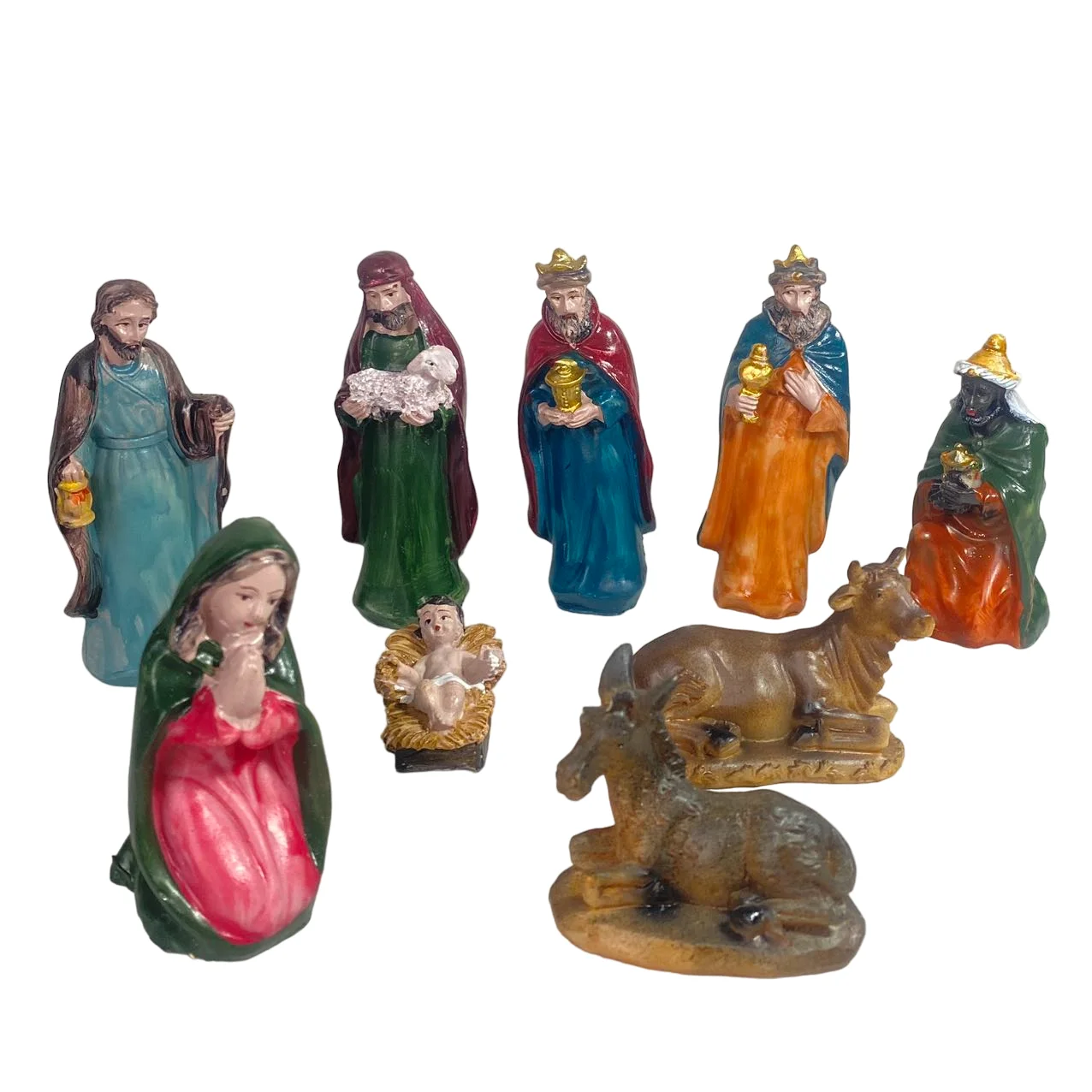 Nacimiento Belen 9 Piezas 12 CM Resina Para Decoración de Navidad, José, María, niño Jesús, Reyes magos, pastores, burro, Vaca