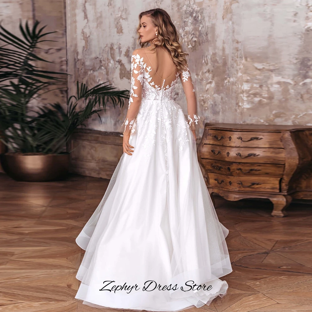 Elegant A-Line Long Sleeves Wedding Dress Modern Side Slit Organza Customized Bridal Gowns Luxury Appliques Scoop Robe de mariée