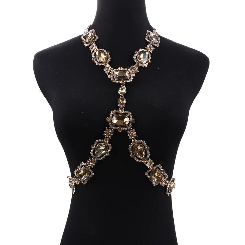 Costume Jewellery Accessory Collar Emerald Crystal Rhinestone Statement Bra Harness Necklace Waist Body Chain Jewelry for Women