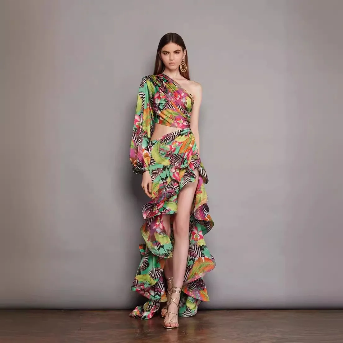 

Sexy Slanted Shoulder Floral Irregular Ruffle Dress Summer One Shoulder Cut Out Ruffle Long Dress Women Party Club Evening Gown