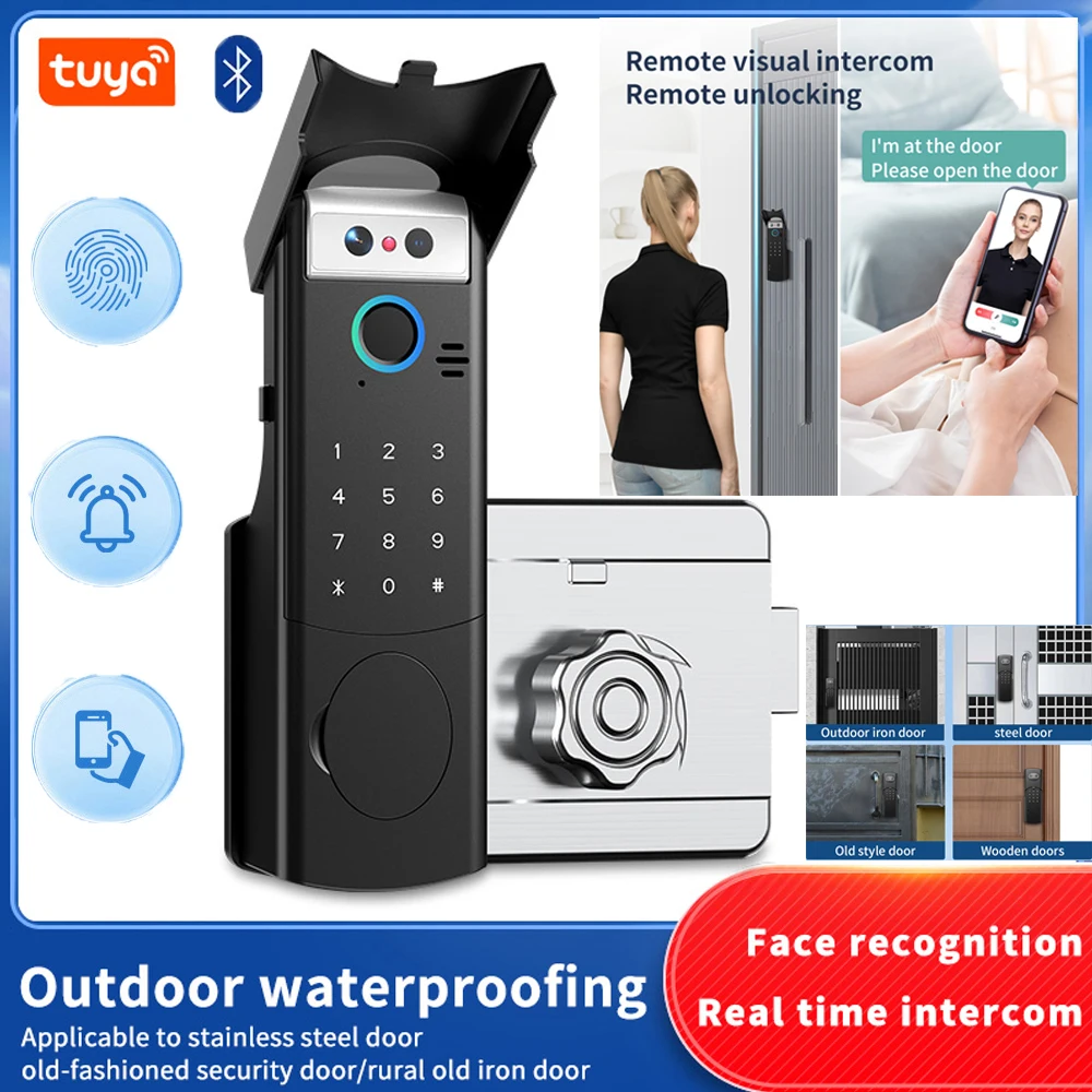 

Bluetooth Electronic Single Open Door Lock Face Recognition Fingerprint Password Key Card Tuya APP for Iron Steel Wooden Doors