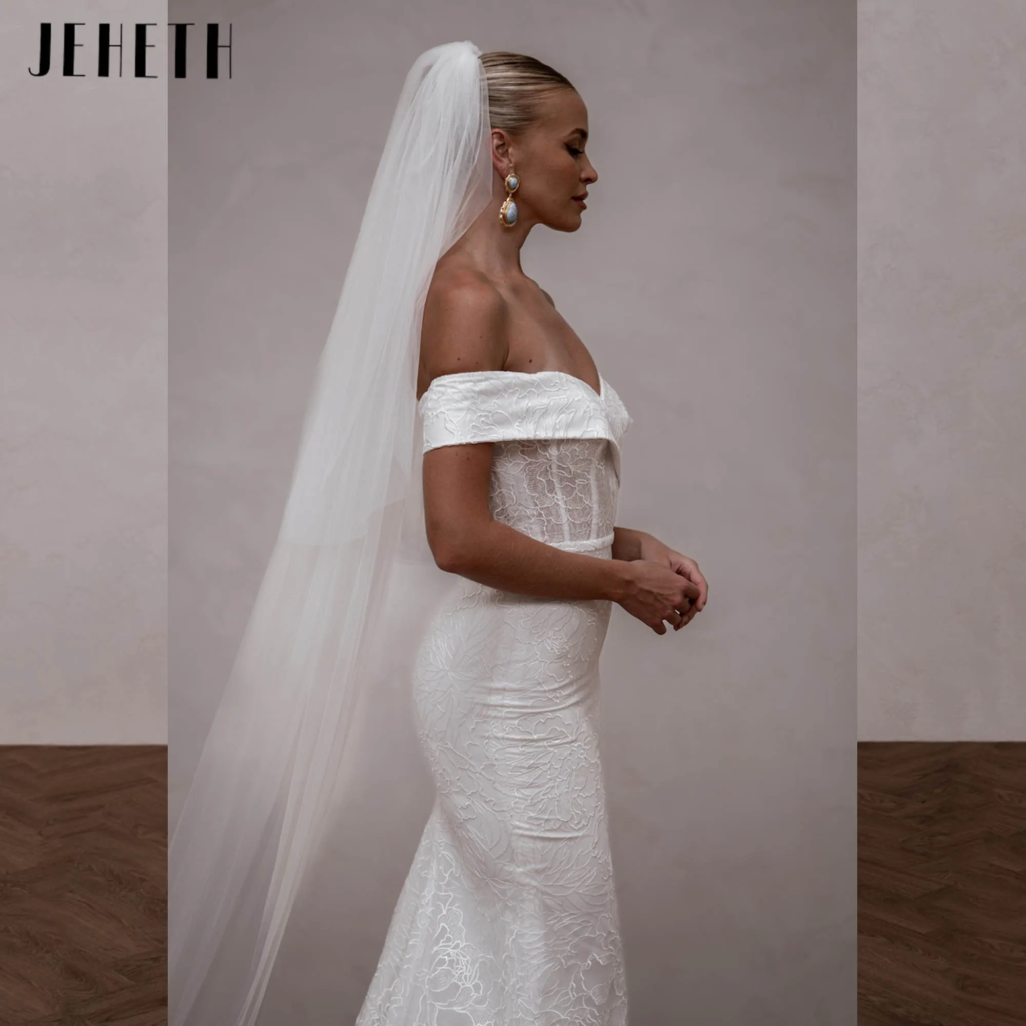 JEHETH Lace Mermaid Fit Wedding Dresses Off Shoulder Backless Sexy Bridal Gowns Elegant V-neck vestido de novia boda Customized