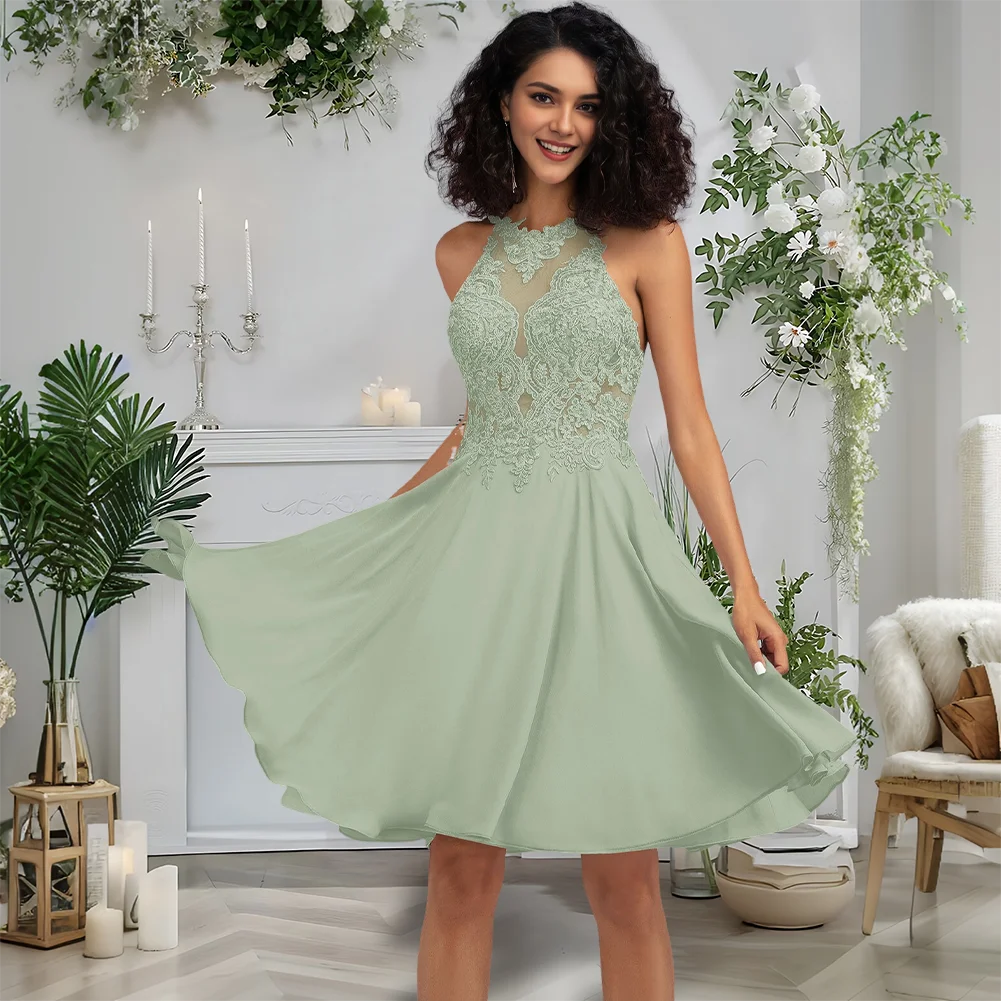 

2025 Summer Silver A-Line Scoop Knee-Length Lace Chiffon Homecoming Dress With Sequins Cocktail Prom Dresses For Wedding Party​