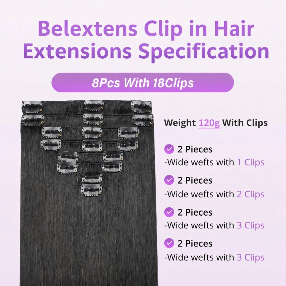 Belextens Extensioni per capelli con clip, capelli umani, 10-28 pollici, extension con clip, capelli umani, 8 pezzi/set, per donne, consegna in 3-5 giorni