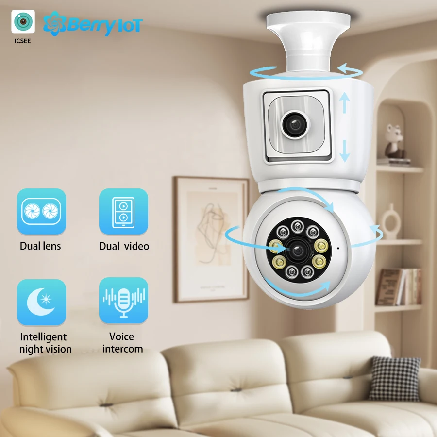 4MP ICSEE E27 Wireless Wifi Bulb Security Protection Dual Lens Camera CCTV Baby Monitor PTZ Auto Tracking Two-Way Audio