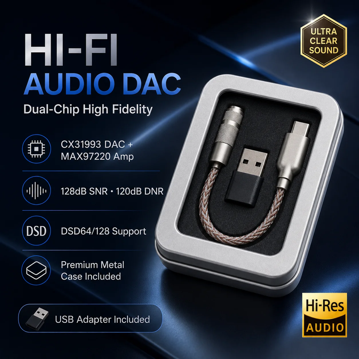 Winter Hi-Fi USB-C 3.5mm Converter - CNC Metal Housing, 8-Core Silver Cable, Dual-Chip DAC Amplifier