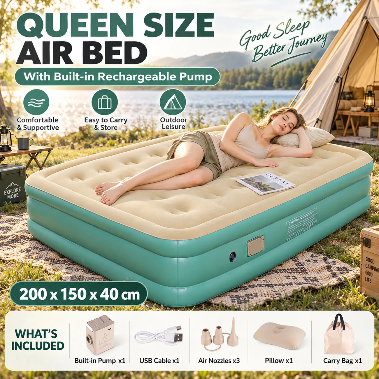 Air Mattress with Built in Rechargeable Pump Inflatable Bed Portable Flocked Airbed for Camping Home Guests Outdoor