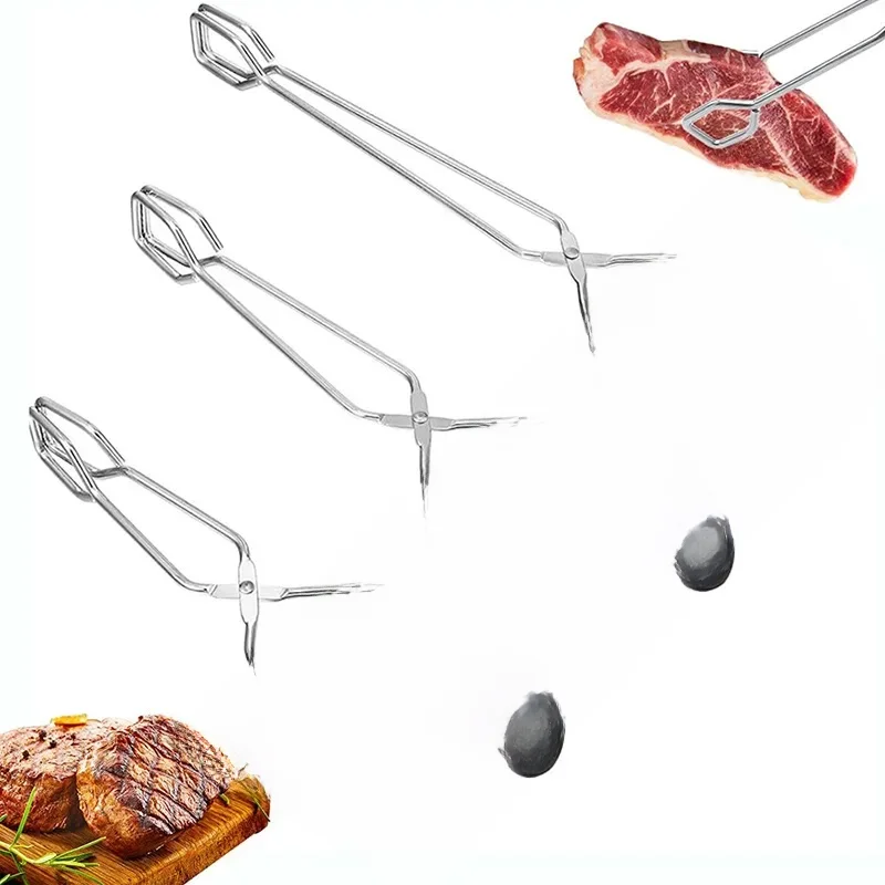 3 rozmiary szczypce do grilla antypoślizgowe szczypce do grillowania chleba metalowy klips do pieczenia BBQ z długą rączką akcesoria kuchenne do gotowania — zdjęcie 2
