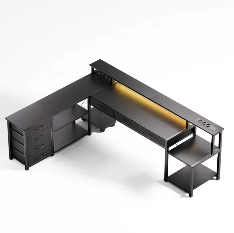 Bureau d'ordinateur, bureau angulaire avec tiroirs, prises et ports USB, support pour écran et éclairage LED. Noir/Blanc