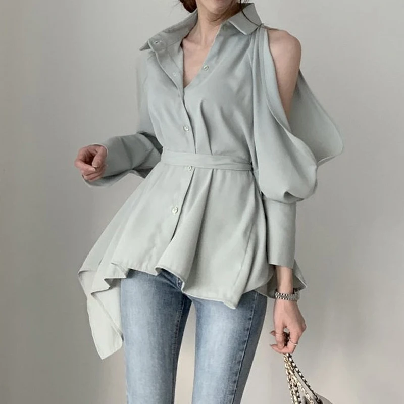 Korean Style Sleeved Back Instle Strap Kara Long Sleeved Blouses for Women Blouses New Lady Hallow Out Turnda blue Sa Off Shoulder Spring Summer 2024 Solid Tops Black Collar Fashion Shirt