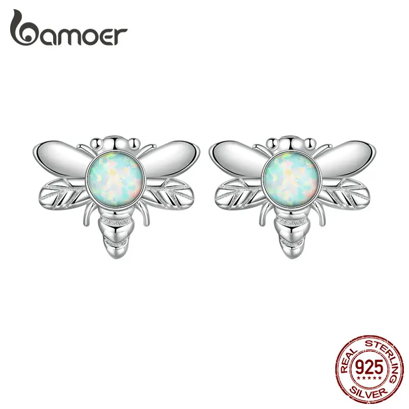 Bamoer New 925 Sterling Silver Opal Bee Stud Earrings for  Women Delicate Zircon Animal Dragonfly Ear Stud Fine Jewelry Gifts