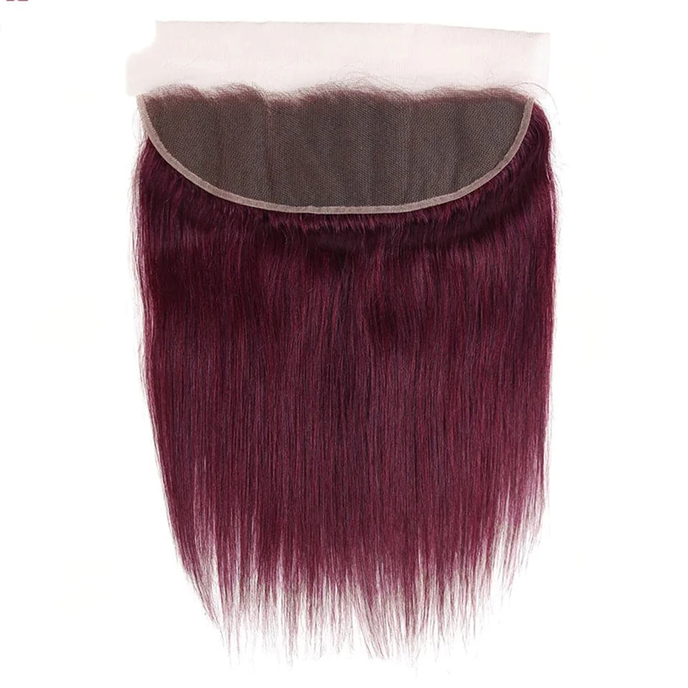 Extensions de Cheveux 100% Naturels Lisses Bordeaux 99J, avec Dentelle HD 13x4, Lot de 3