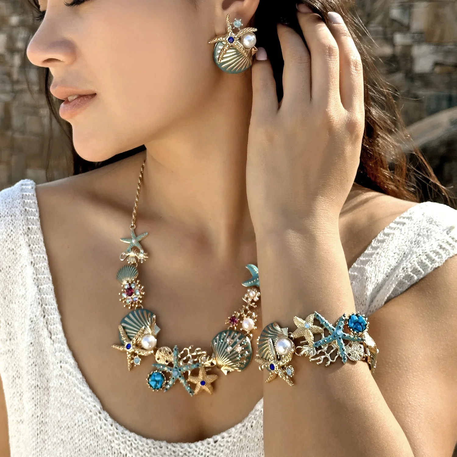 rinhoo Collier de perles en métal exagéré pour femmes, pendentif pétoncle de corail d'océan, style Boho, bijoux de plage, cadeau d'été 3
