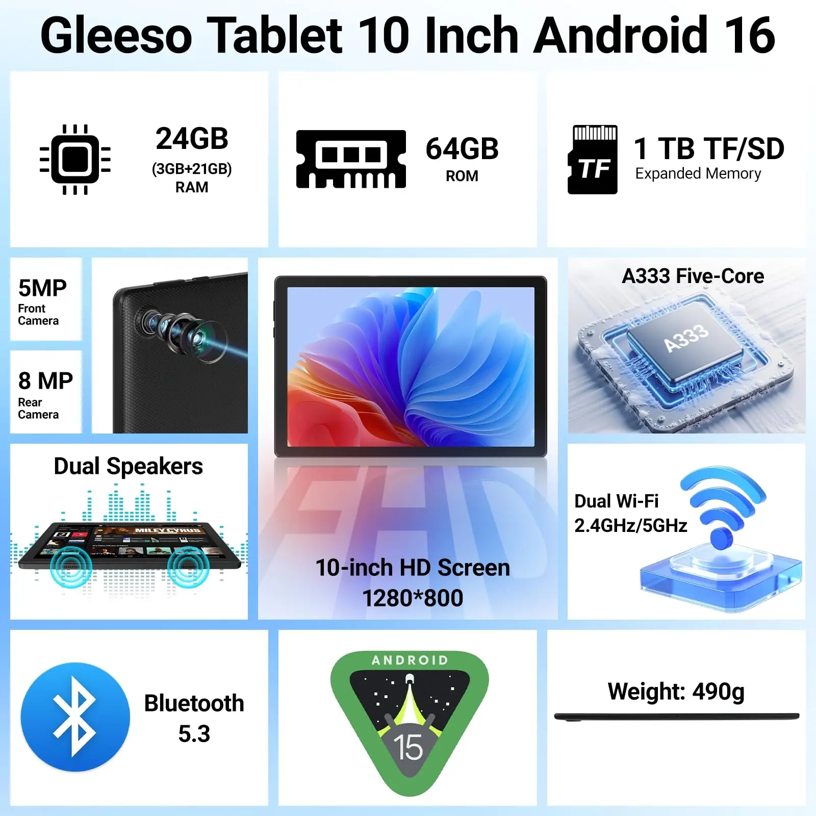 10 Inch Android 16 Tablet with Face ID 20(3+17)GB+64GB/1TB TF OTG IPS 1280*800 WiFi 6 BT5.3 Dual Camera 5MP+8MP 6000mAh Widevine L1 Support