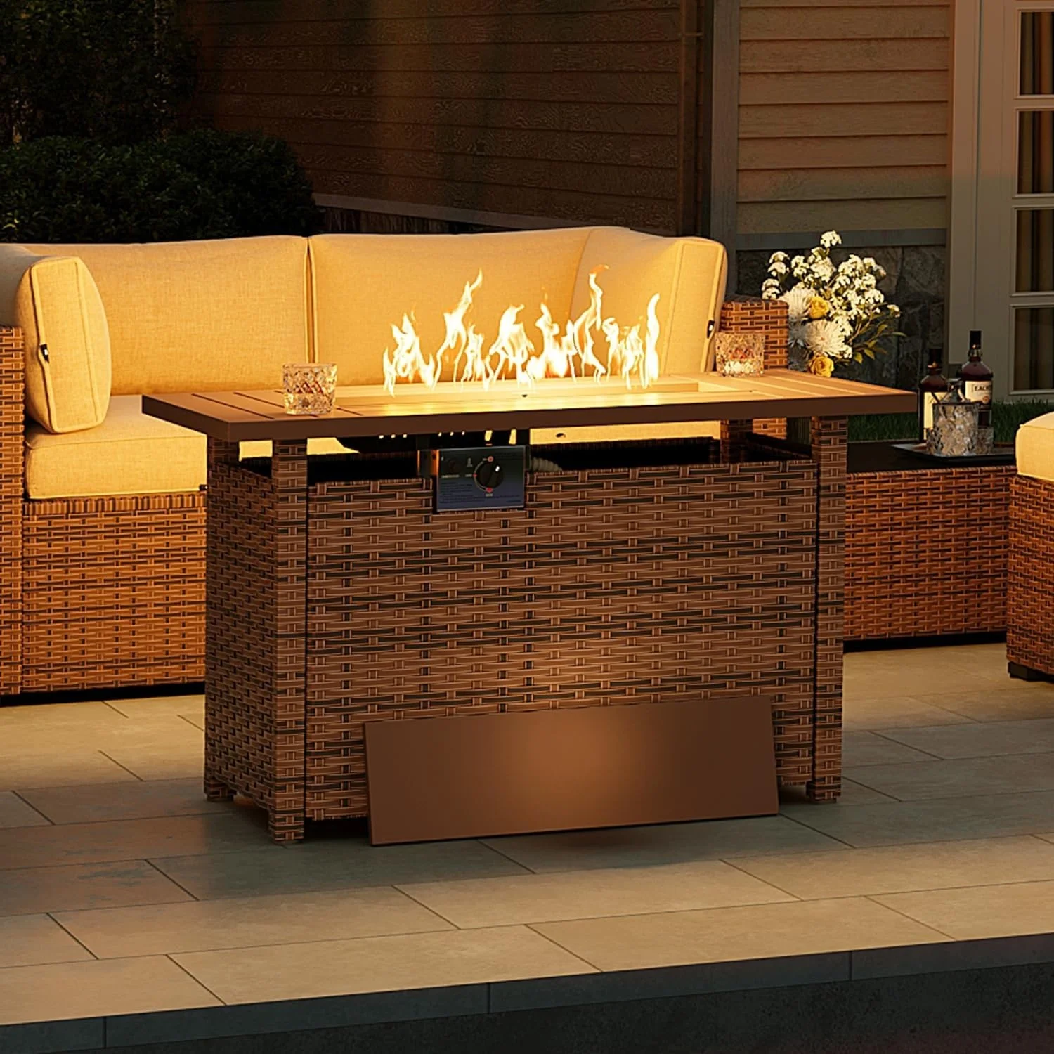 Nordivale 44'' Outdoor Wicker Gas Fire Pit Table, 50,000 BTU Propane Firepit with Lid, Patio Furniture Set for Backyard Poolside Garden (Brown) view 6