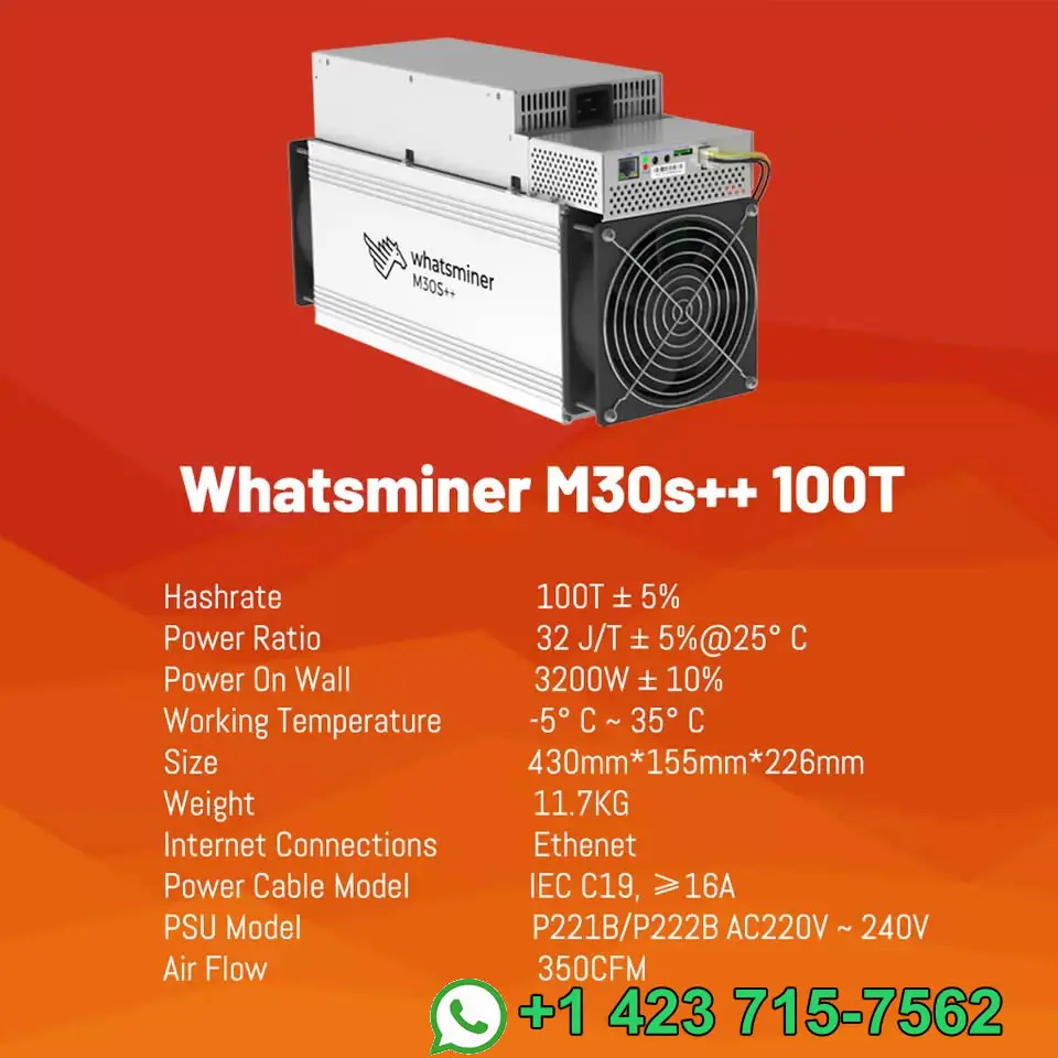 SM Compre 2 e ganhe 1 grátis Novo Whatsminer M30s++ Miner 100T BTC Bitcoin Miner 3200W Bulid-in PSU em estoque