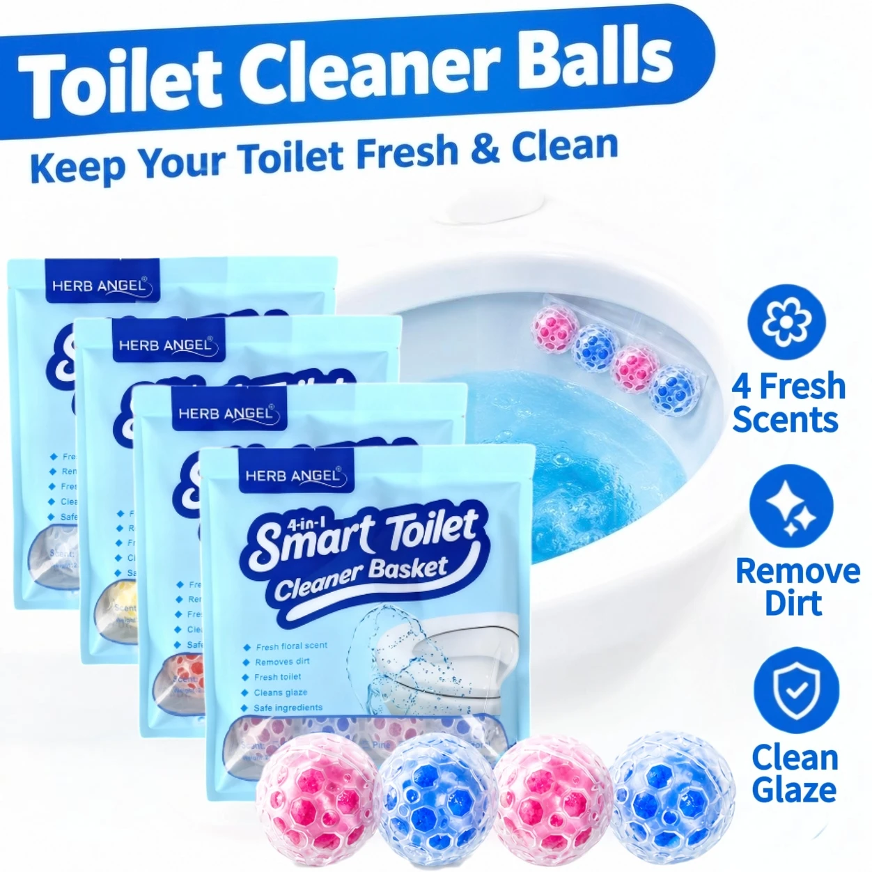 4-in-1 Toilet Cleaner Ball Rim Hanger Toilet Bowl Automatic Flush Cleaning Dirt Remover Long Lasting Freshness 4 Scents Powerful Toilet Tank Cleaner Stain & Odor Removal Ideal for Plastic Surface Lower Odor