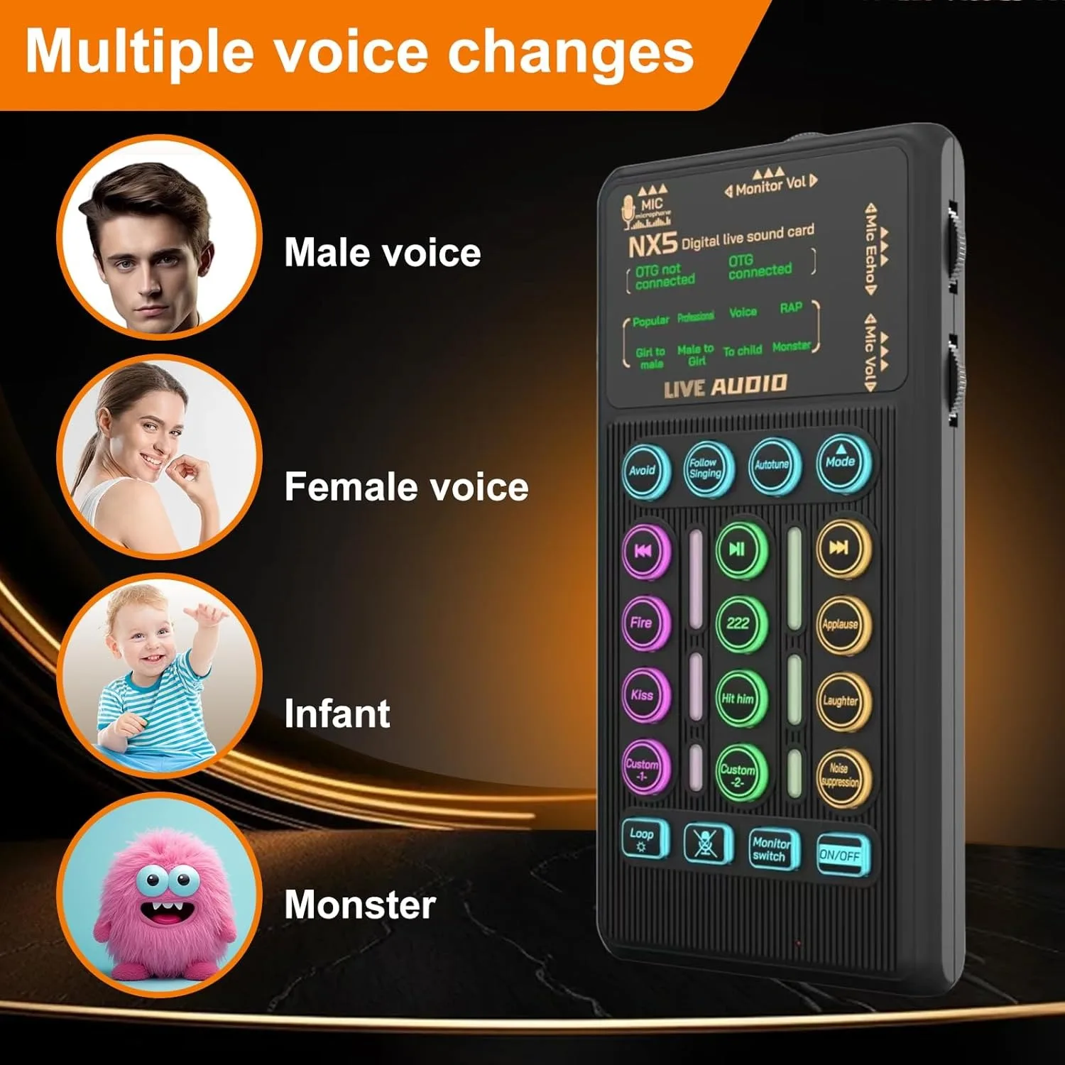 

NX5 Handheld Sound Card-Digital Live Streaming Voice Changer,OTG Lossless Transmission,for Tk/Podcast/Gaming/PC/Phone/Tablet