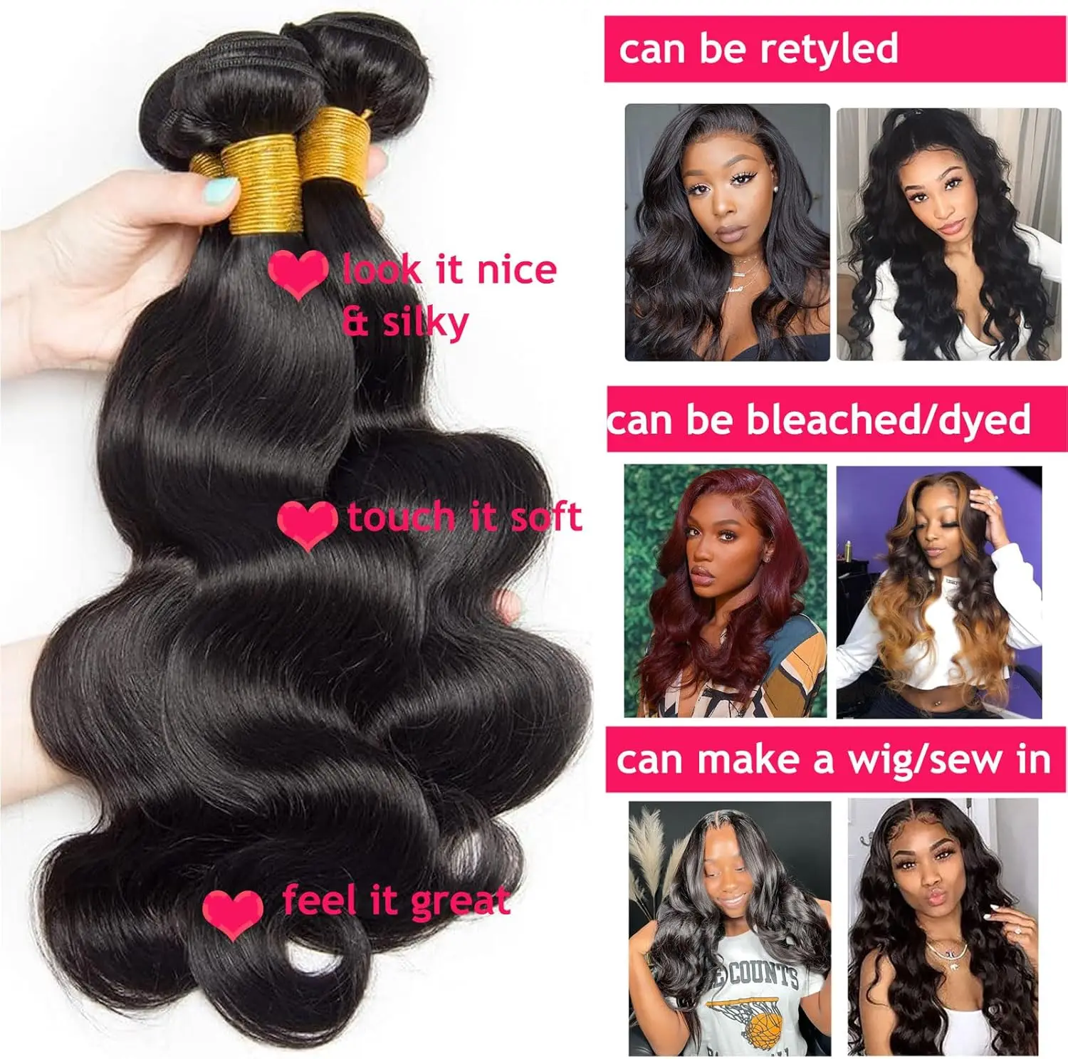 ブラジルのバージンナチュラルヘアバンドルボディウェーブ,ナチュラルブラックカラー,3バッチ織り