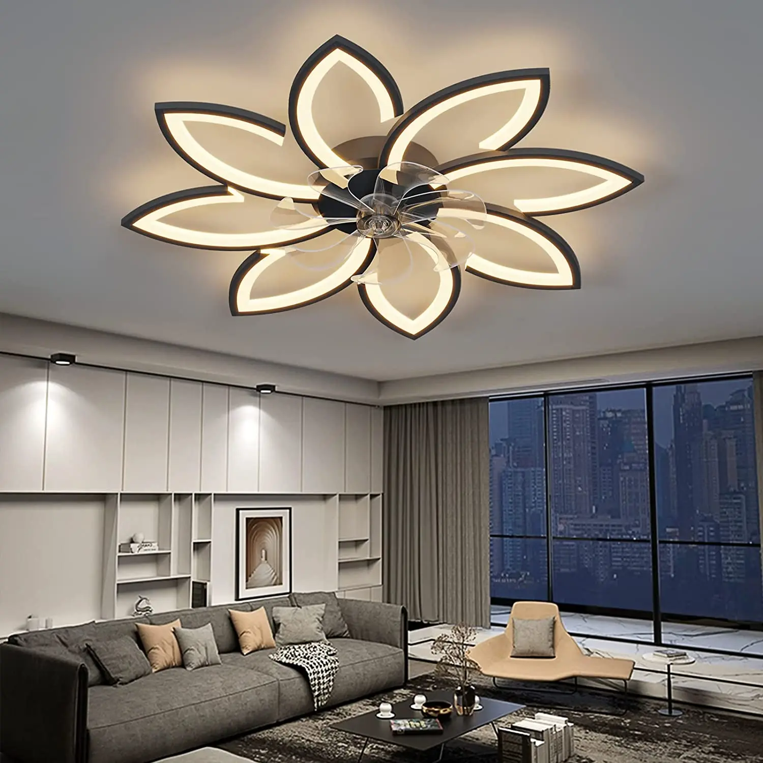 Led Ceiling Fan Flower Shape Bedroom Ceiling Lamp Remote Control 6 Wind Speed for Bedroom Living Room Fan Ceiling Lights