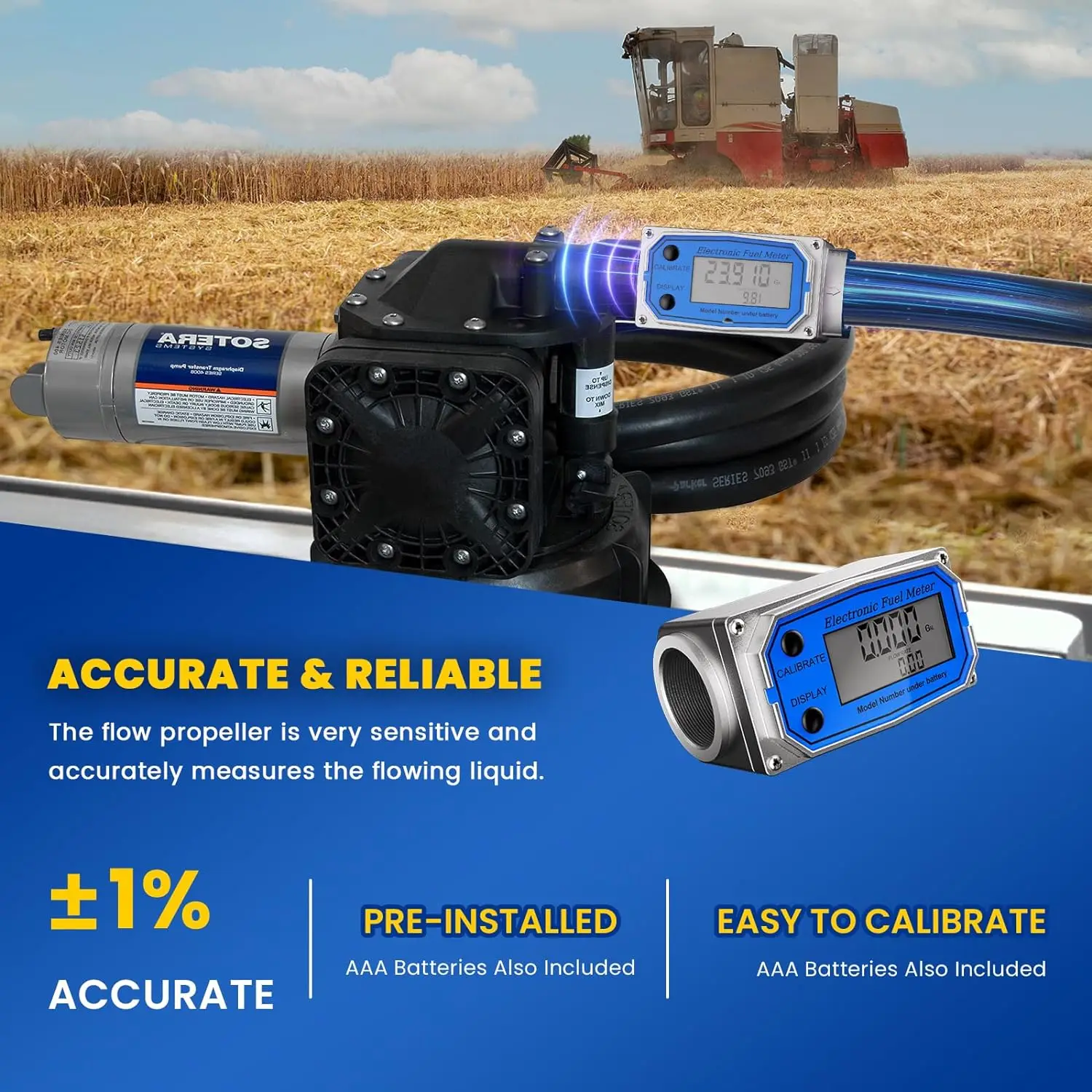 Flow Meter 1 Inche Digital Turbine Fuel Meter - Flowmeter Auto On & Off Industry Grade Aluminum Alloy - for Water, Diesel, Gasoline Supports Gallon, QTS, PTS, L, m³ (1 inch)