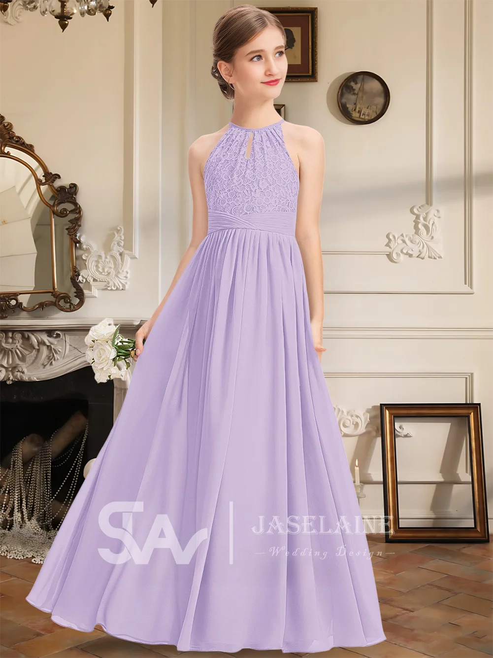 

Детское платье для девочек QA Kids: Длинное шифоновое кружевное платье А-силуэта с бретелью через шею для подружек невесты, нарядное платье для девочек на вечеринку, свадебное или торжественное.