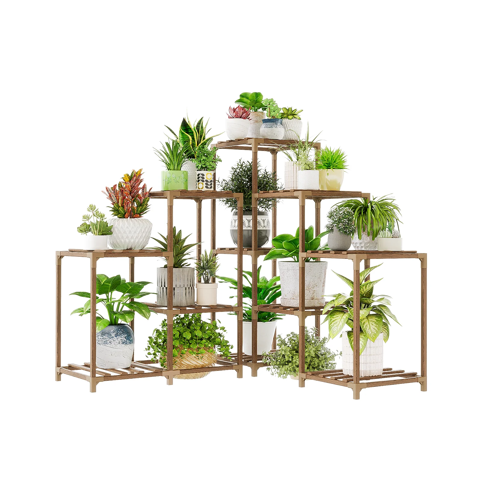 bamworld屋内外兼用コーナー植木鉢スタンド、11個の鉢植え用大型木製背の高いホルダー、複数の植物用コンボテーブルラック、ガーデンパティオ