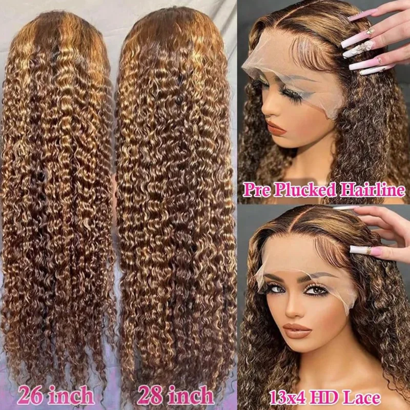 200% الكثافة العسل شقراء أومبير الدانتيل الباروكة شعر الإنسان 13X4 HD تسليط الضوء على موجة عميقة باروكة من شعر طبيعي 4/27 قبل قطعها 26 بوصة