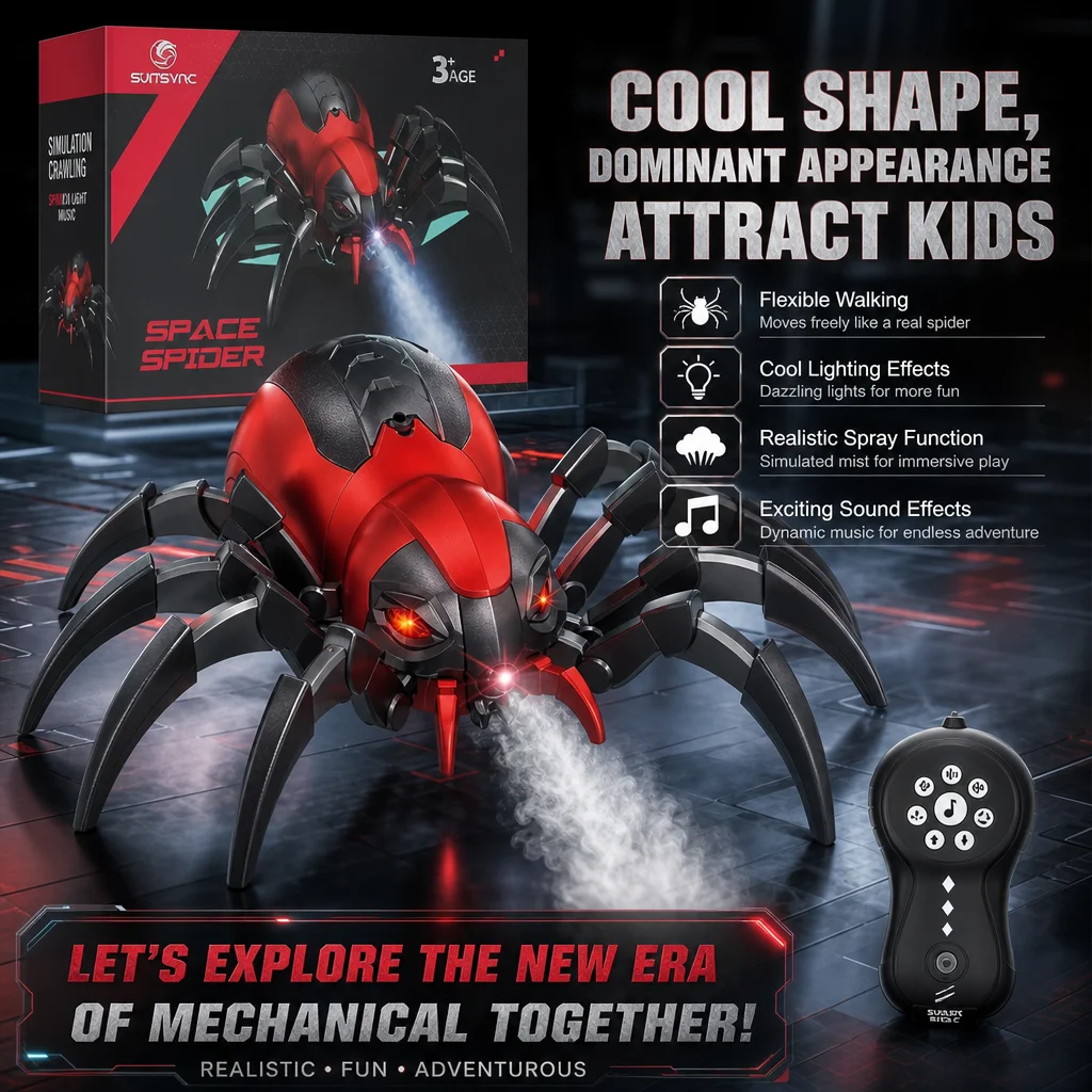 RC Spider Prank Toy Red, Mist Spray and LED Eye Lights, 2.4G Wireless Smart Crawling Animal, Scary Gag Gift for Halloween Party