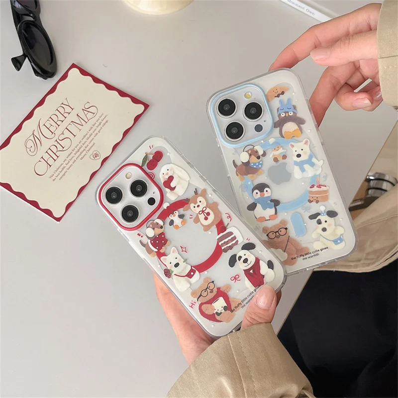 Korea cute penguin puppy rocker Magsafe wireless charging phone case iPhone 16 15 14 13 12 Pro Max magnetic back cover Cherry