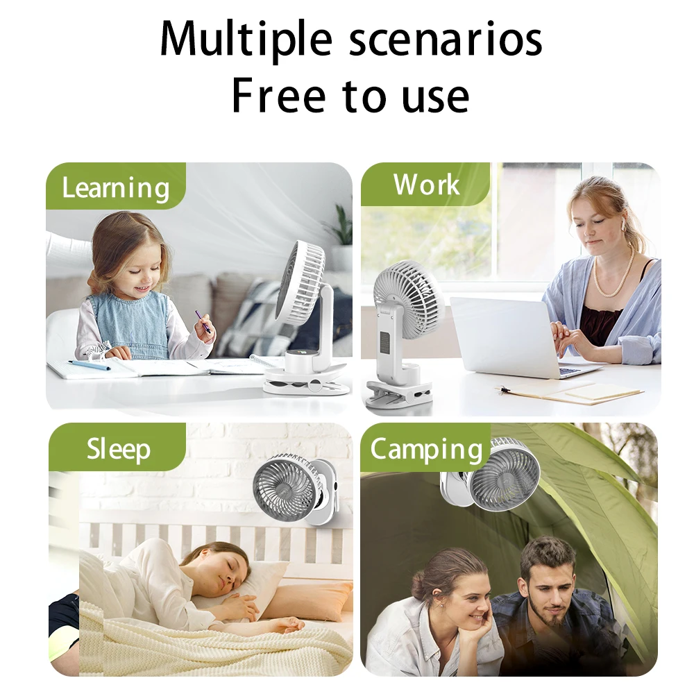 5000mAh Rechargeable Camping Ceiling Fan Desktop 9 Speed Strong Air Circulator Fan With LED Light Home Dormitory Clip-on Fan