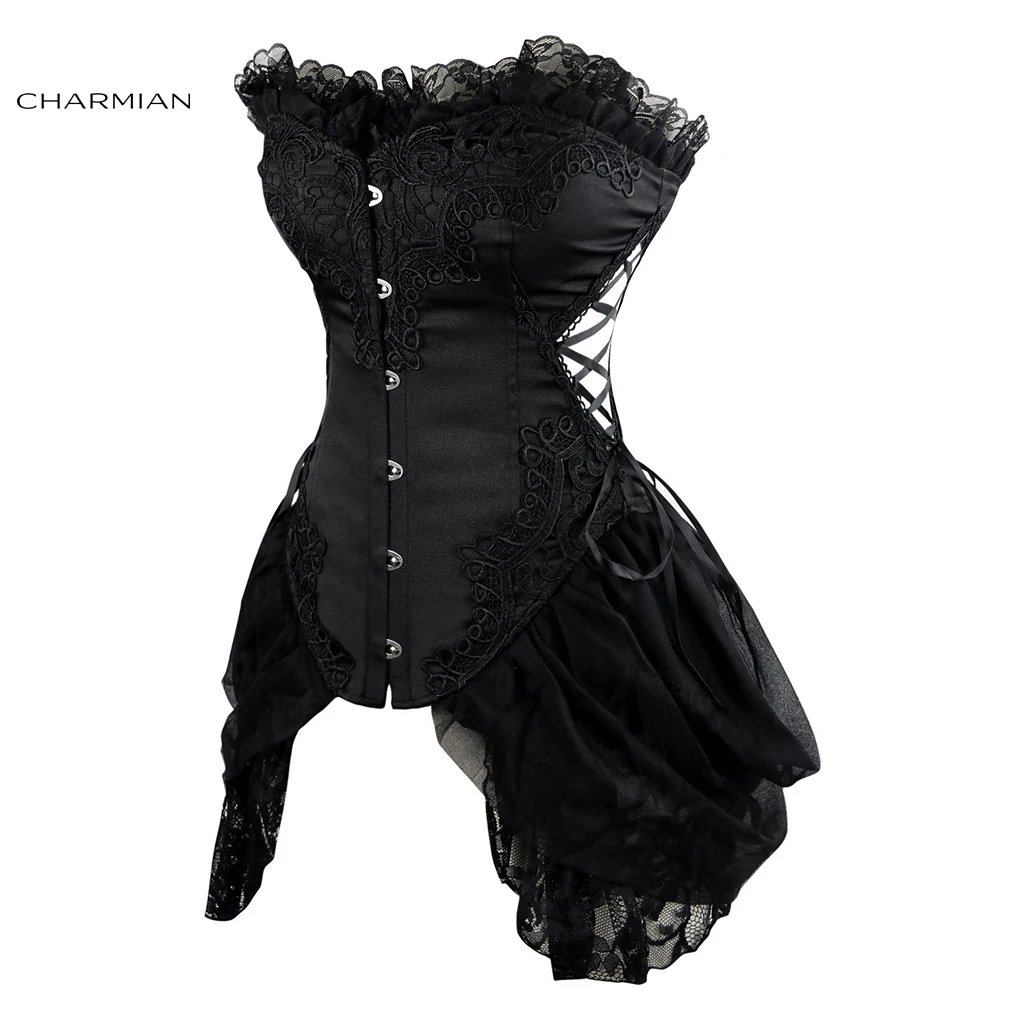 Charmian Burlesque Corset Fantasy Women Sexy Gothic Floral Lace Plus Size Strapless Lace Up Corset with Skirt Bustier Lingerie