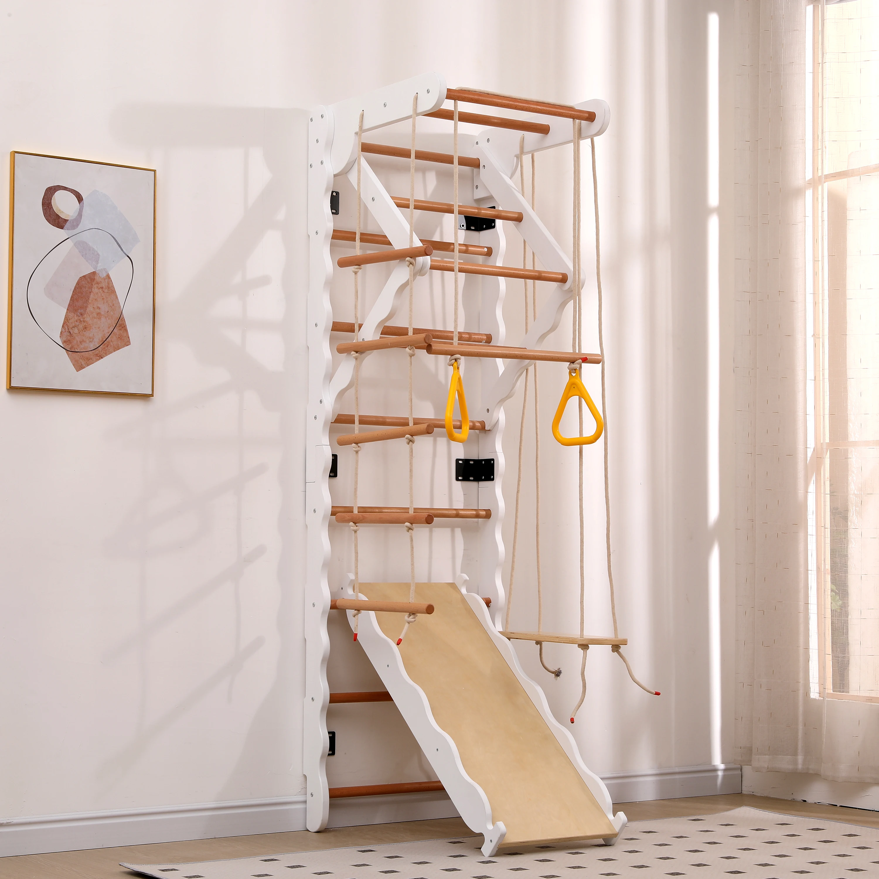 6-in-1 Multifunktions Klettergerüste, Sprossenwand.Sperrholz, Massivholz, Buche. 50KG. Rutsche, Schaukel, Krabbelleiter, Klettergerüst, Klimmzugsbereich. Ringe. Jungle Gym-Set.