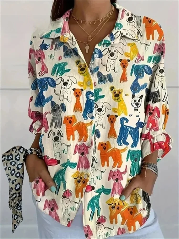 Nouvelles femmes printemps chemise amusant chiot Graffiti imprimĂ© chemises Ă manches longues mode fĂȘte revers boutonnĂ© dĂ©contractĂ© Ă manches longues Blouses